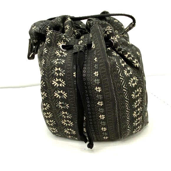 Handbags - Aztec Black Cotton Drawstring Tote Bucket Bag
